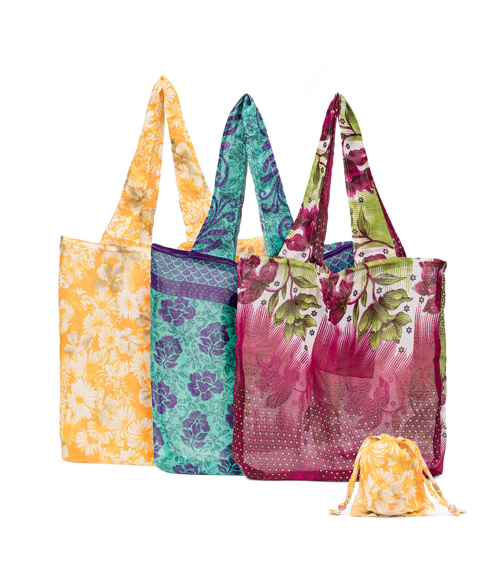 Reusable Shopping Bag - Folds Into Pocket - Assorted Upcycled Sari
