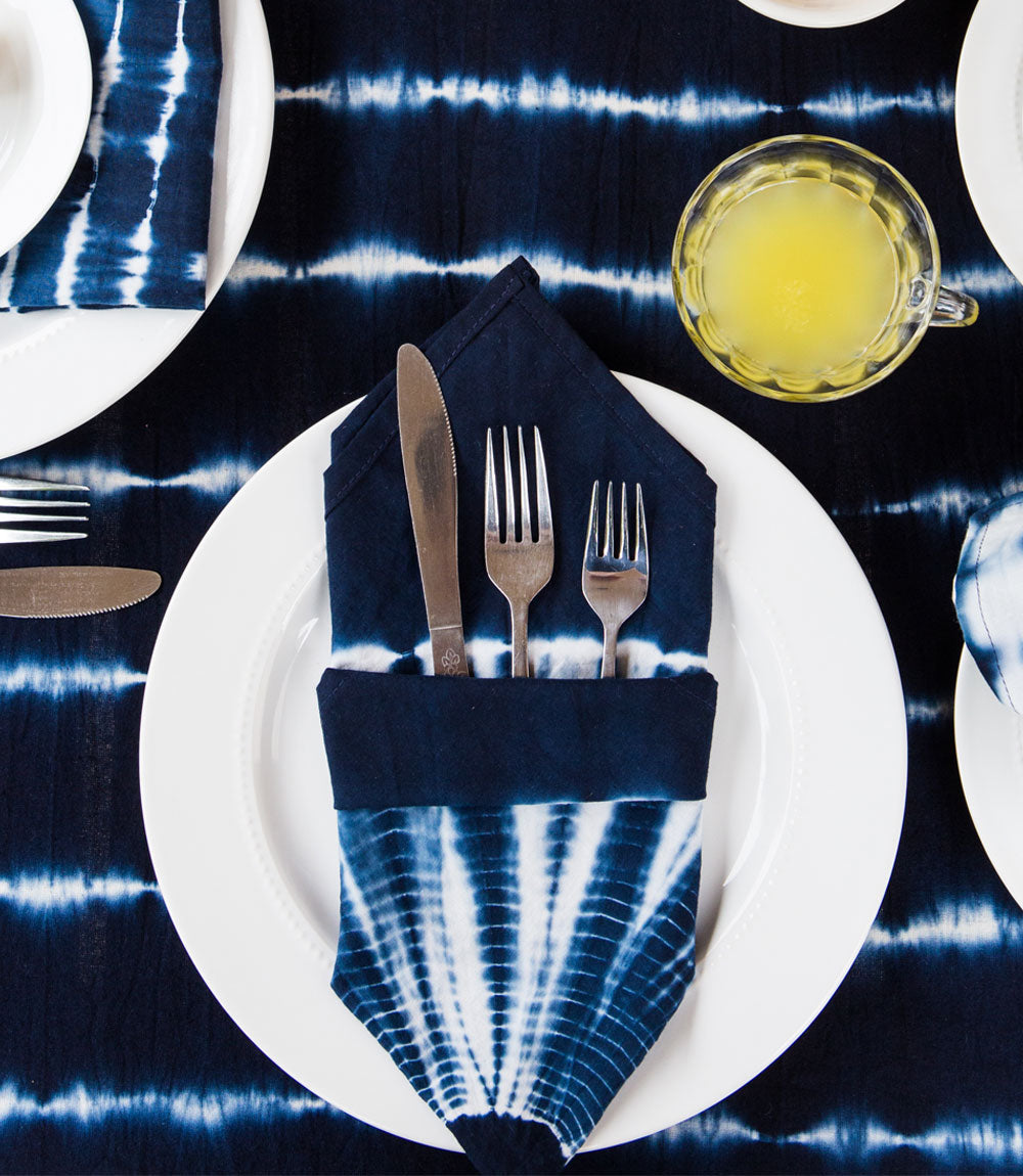Shibori Tie Dye Cloth Dinner Napkins Set of 4 - Reusable, Indigo, White