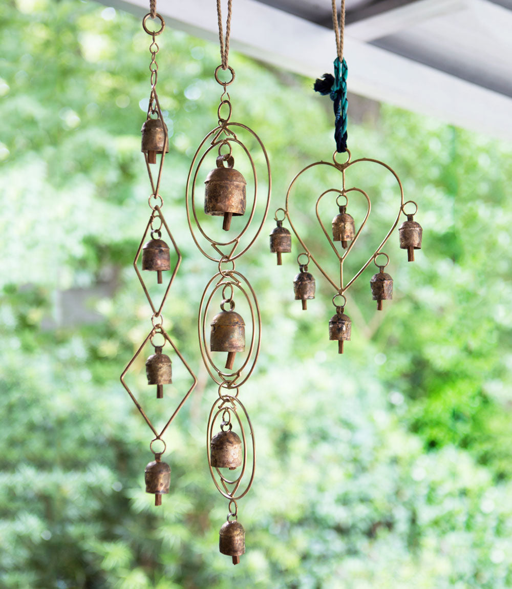Heart Bells Wind Chime - Assorted Upcycled Sari Fabric
