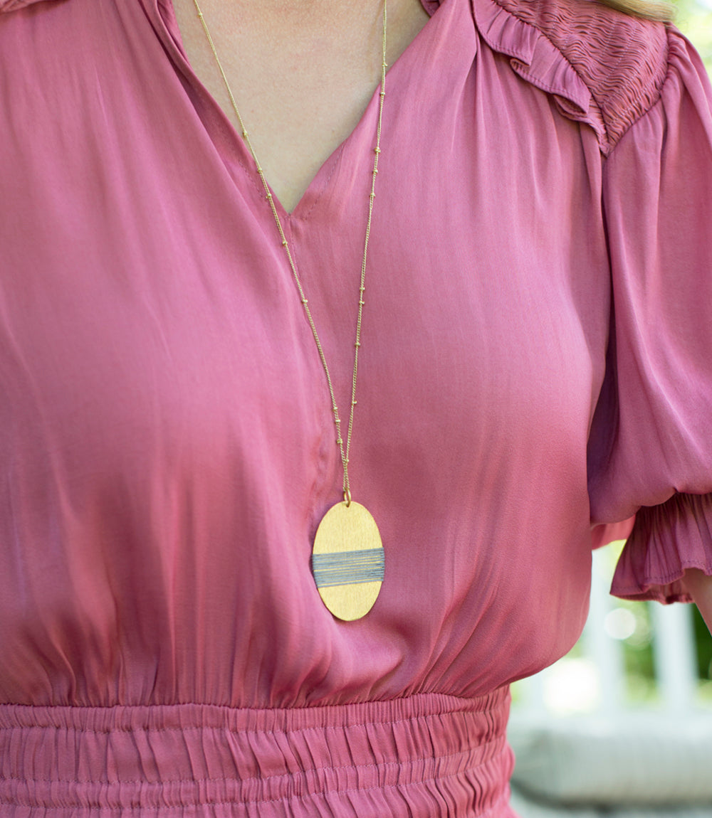 Kaia Gold Disc Drop Necklace - Gray Thread Wrapped