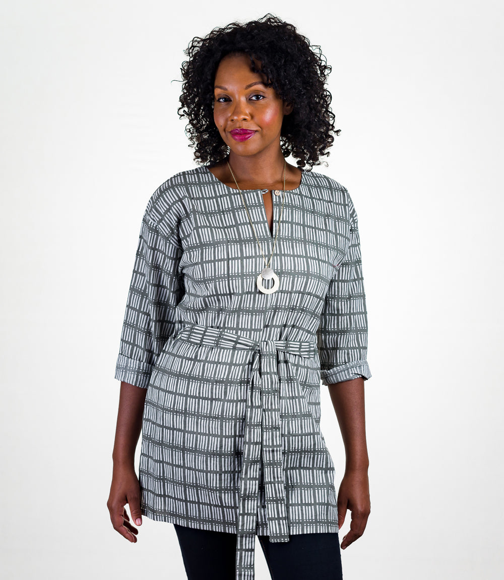 Kamini Women's Dash Belted Tunic - Block Print Cotton, L/XL