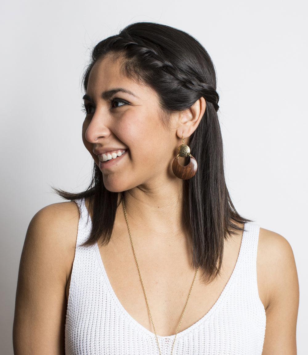 Earth and Fire Moon Drop Earrings - Wood, Etched Brass