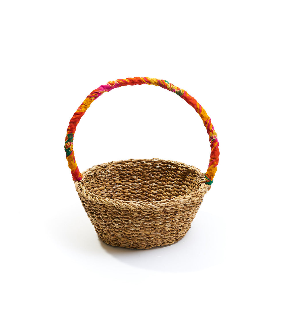 Harvest Long Handle Easter Basket - Hand Woven, Upcycled Sari