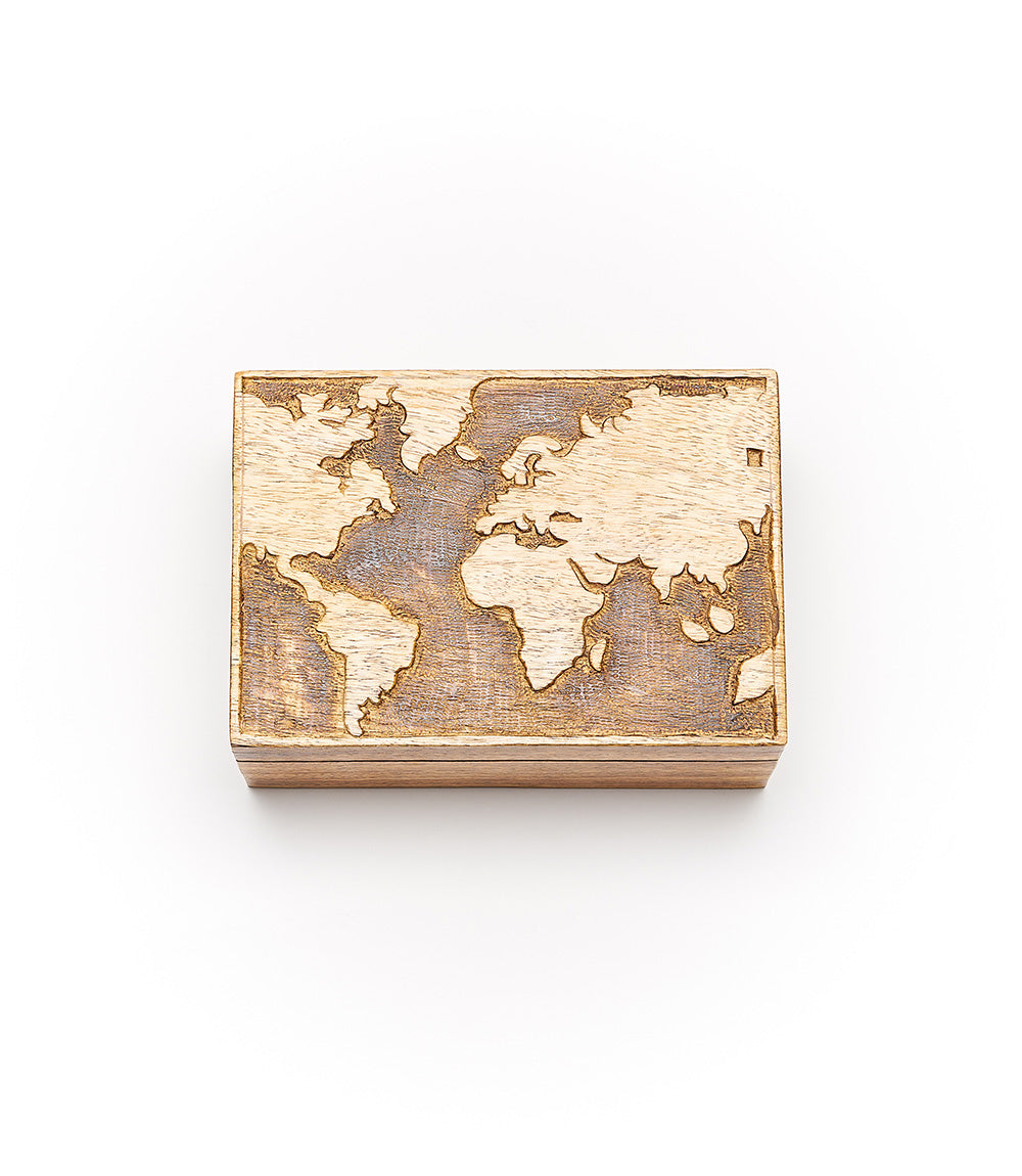 World Map Jewelry Box With Tray- Hand Carved Wood