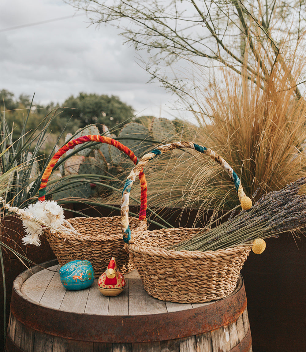 Harvest Long Handle Easter Basket - Hand Woven, Upcycled Sari
