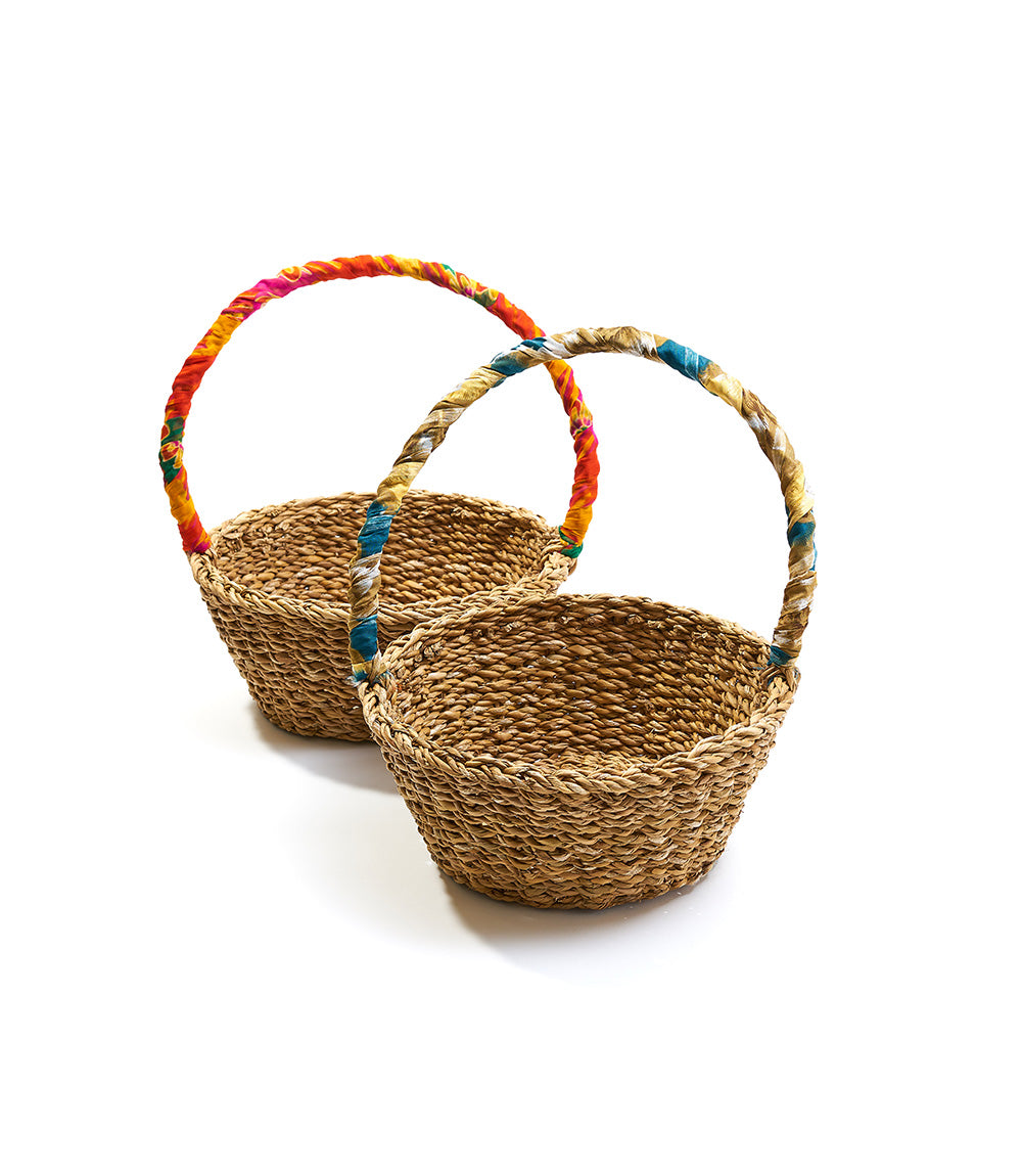 Harvest Long Handle Easter Basket - Hand Woven, Upcycled Sari