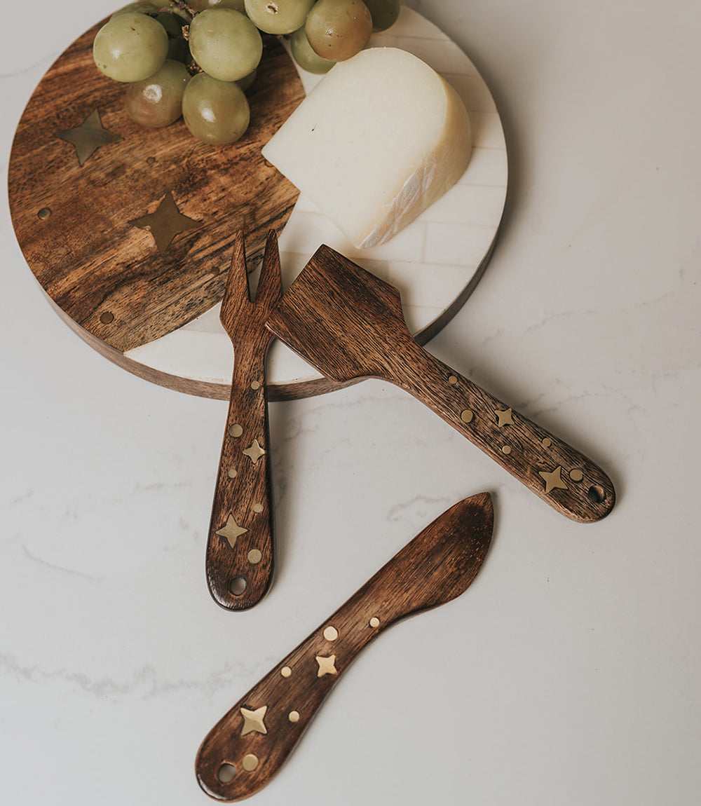 Nakshatra Stars Cheese Knives Set of 3 - Wood, Brass Inlay - Matr Boomie Wholesale