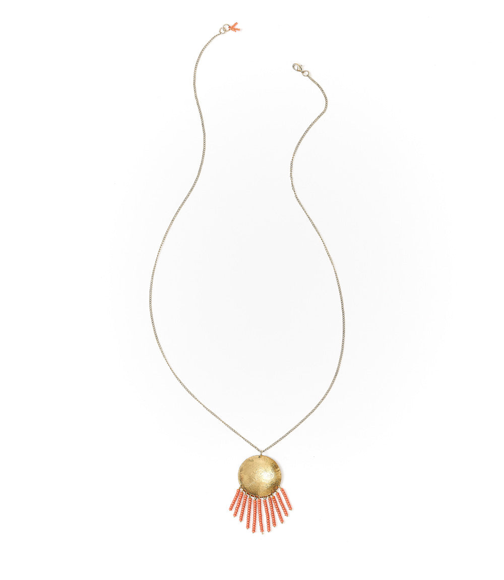 Chaya Hammered Coin Beaded Fringe Drop Necklace - Coral