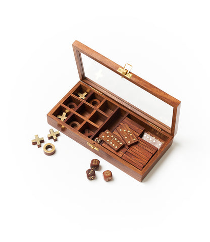3-in-1 Game Set Dice, Dominoes, Tic Tac Toe - Handcrafted Wood - Matr Boomie Wholesale