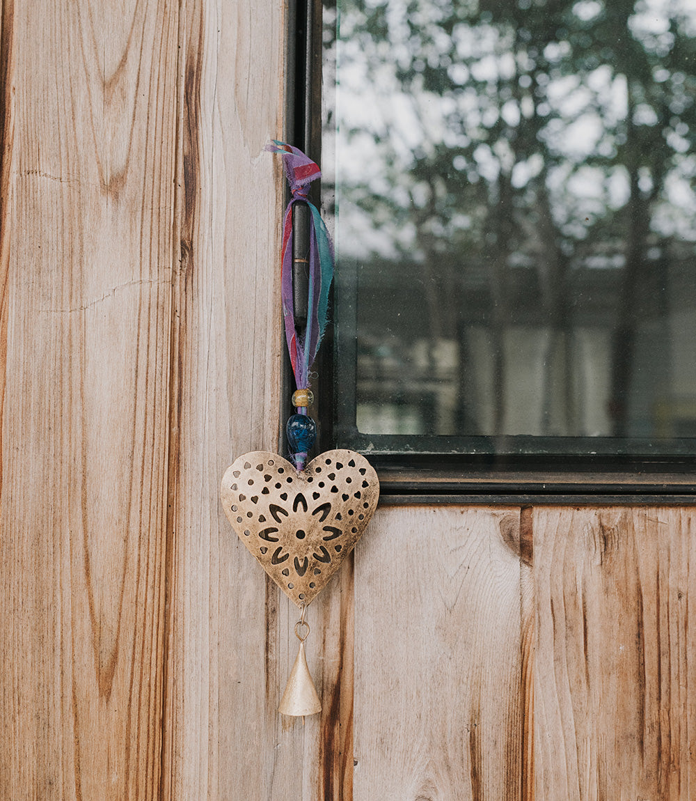 Chakshu Heart Bell Wind Chime Upcycled Sari - Handmade Decor