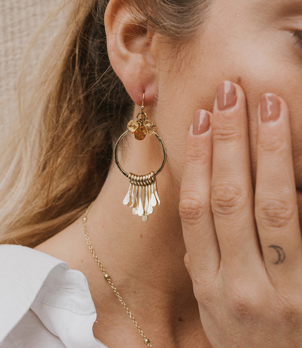 Ridhi Citrine and Sunstone Brass Fringe Dangle Earrings