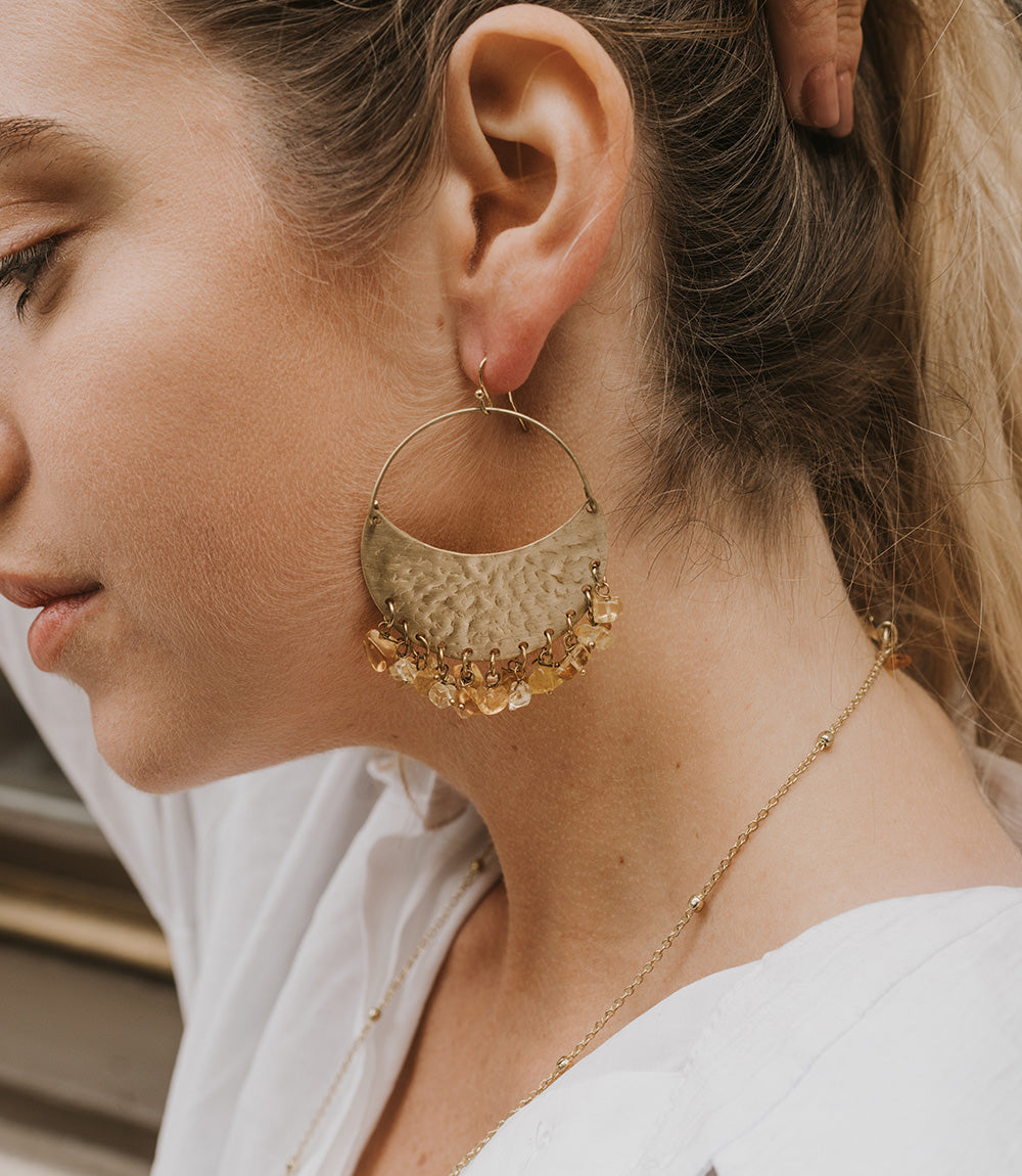 Ridhi Citrine & Sunstone Fringe Hammered Hoop Earrings