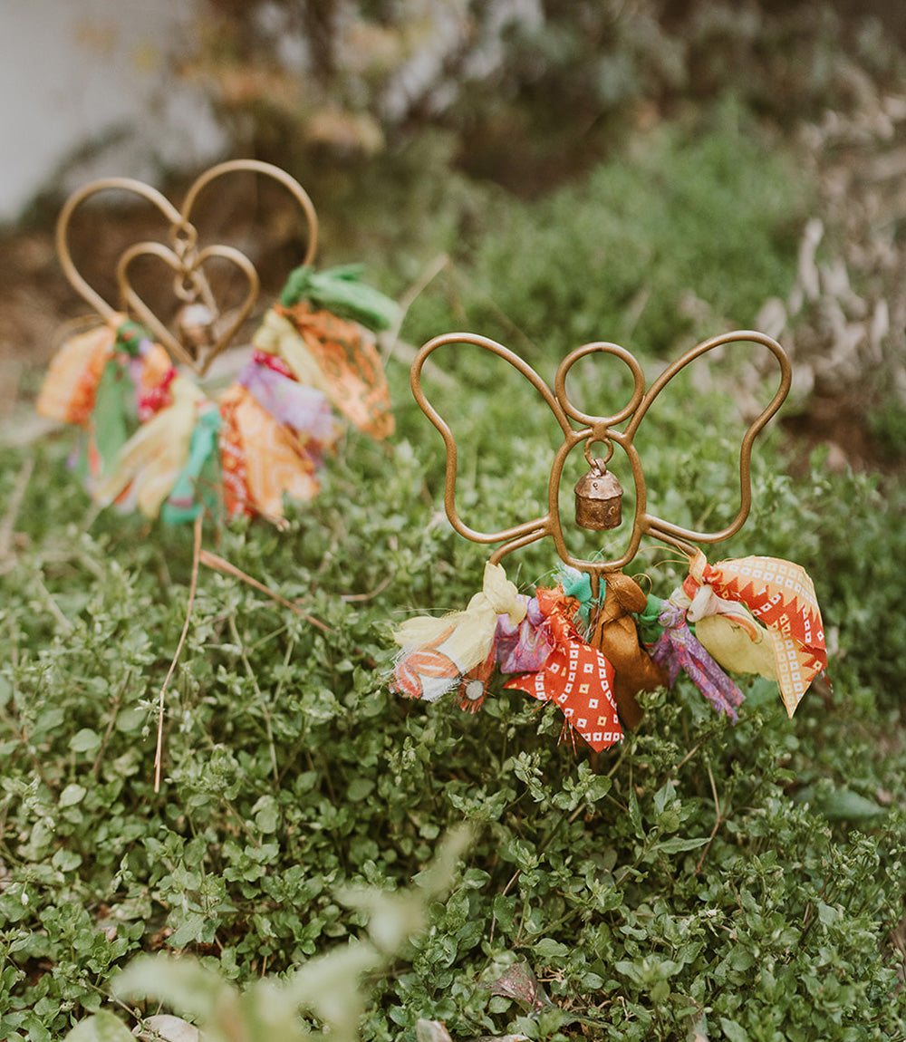 Swapna Butterfly Bell Garden Stake Upcycled Sari - Garden Decor