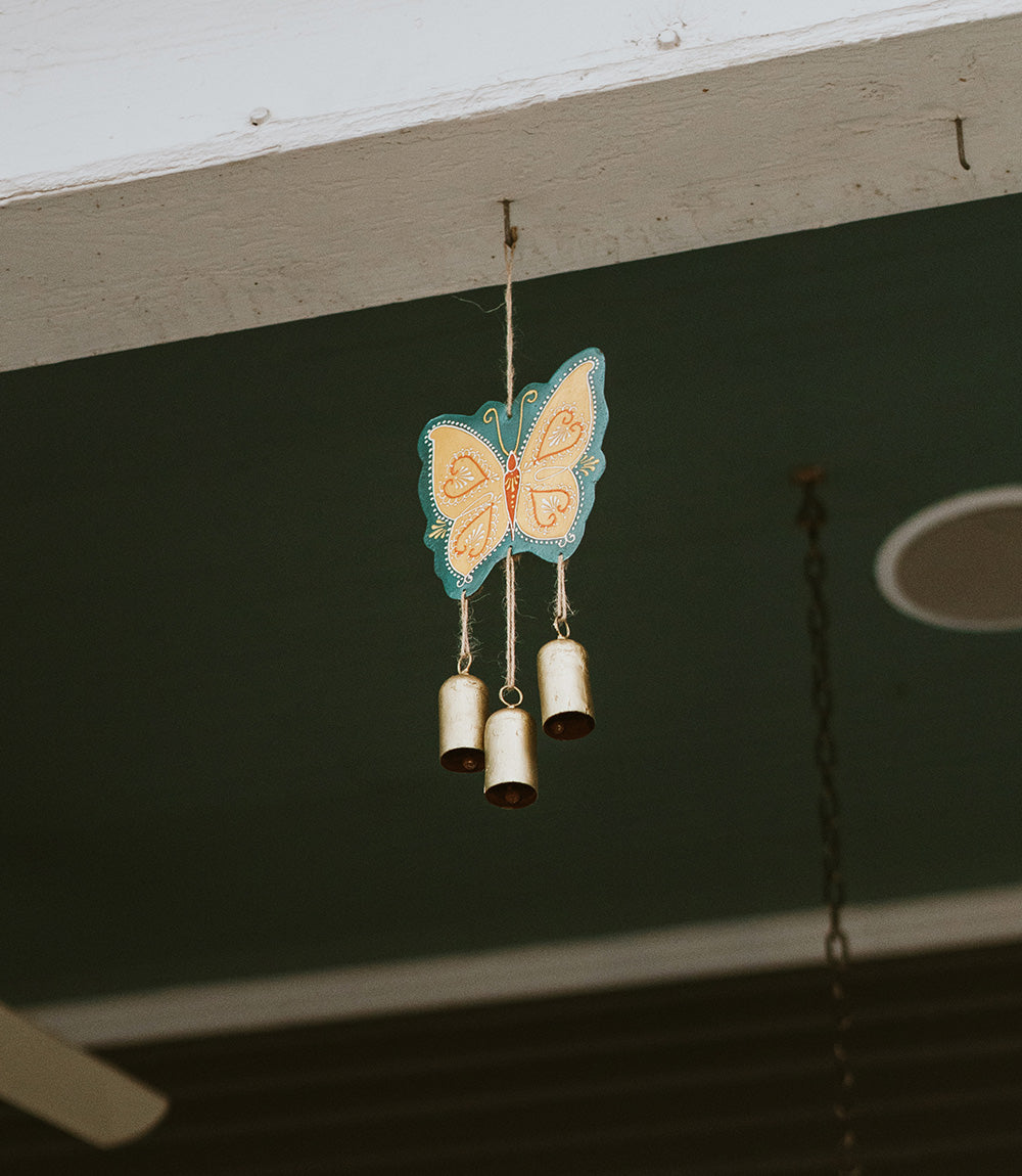 Henna Treasure Butterfly Bell Wind Chime - Hand Painted Patio Decor