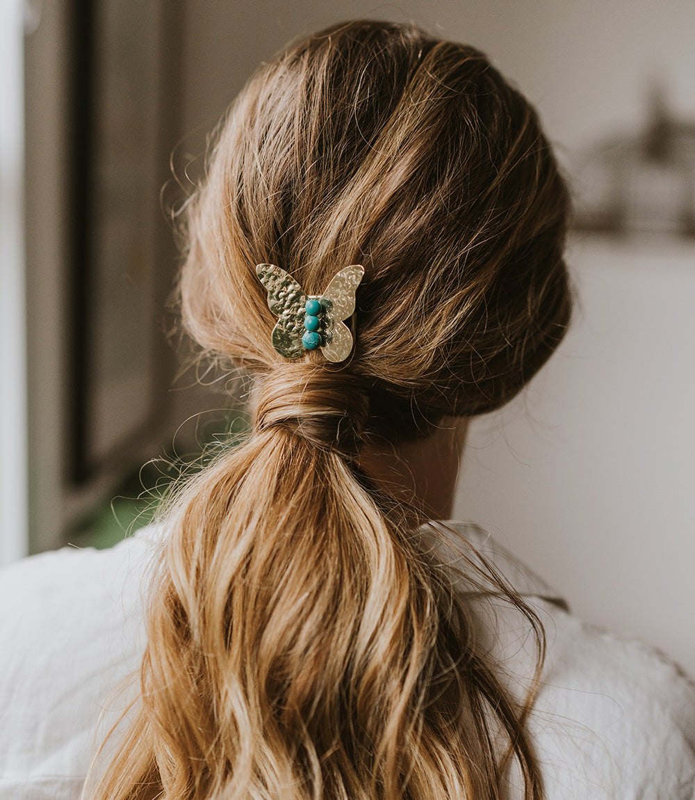 Jatasya Butterfly Hair Barrette - Turquoise. Gold