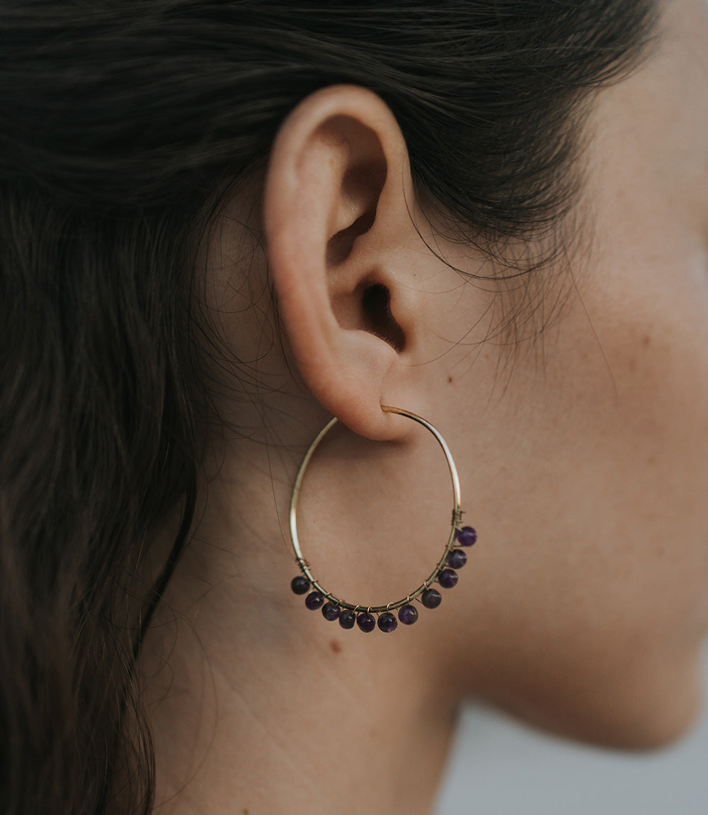 Jambumani Amethyst Beaded Large Gold Hoop Earrings