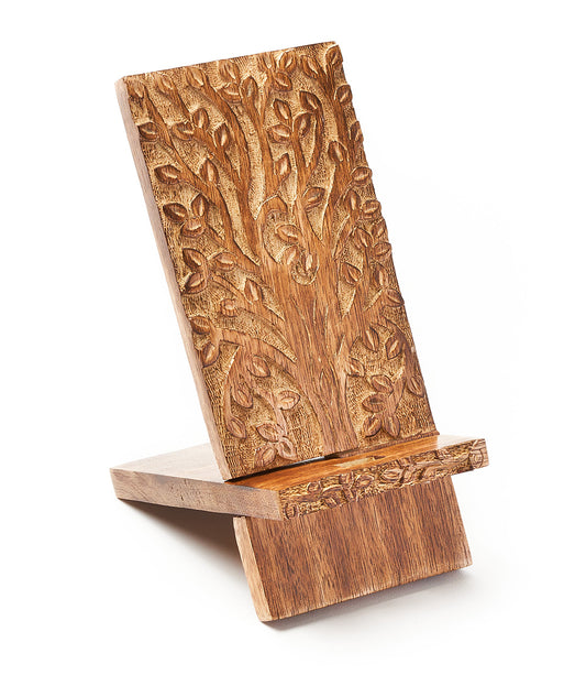Aranyani Tree of Life Phone Stand for Desk - Hand Carved Wood - Matr Boomie Wholesale