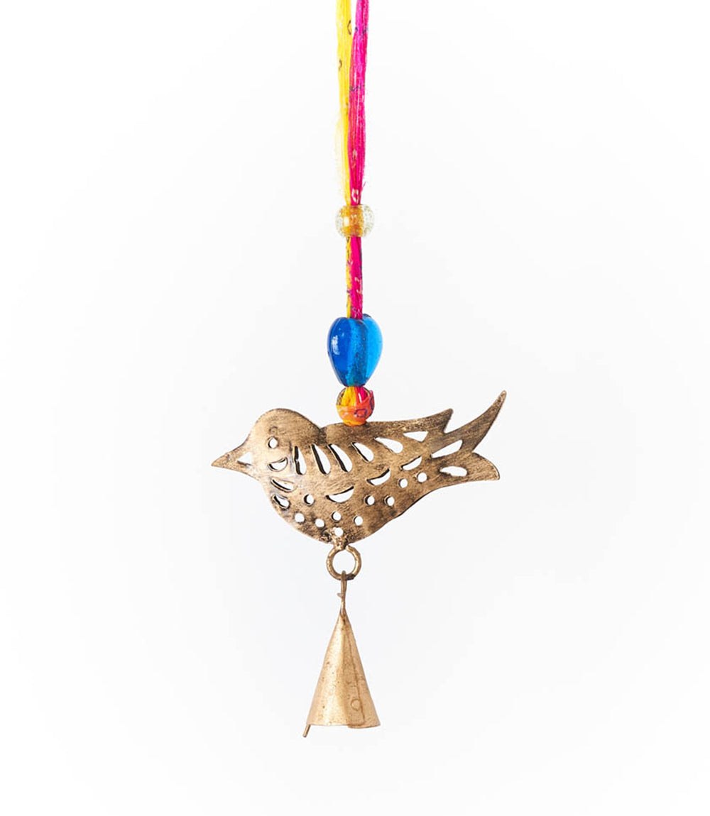 Chakshu Bird Bell Wind Chime Upcycled Sari - Handmade Decor