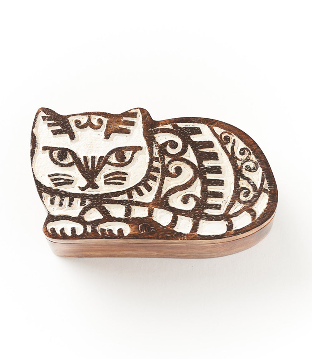 Aashiyana Cat Wooden Pivot Box - Hand Carved Antique Finish