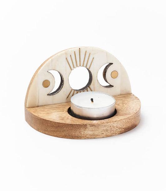 Indukala Moon Phase Tealight Candle Holder - Carved Bone Wood - Matr Boomie Wholesale