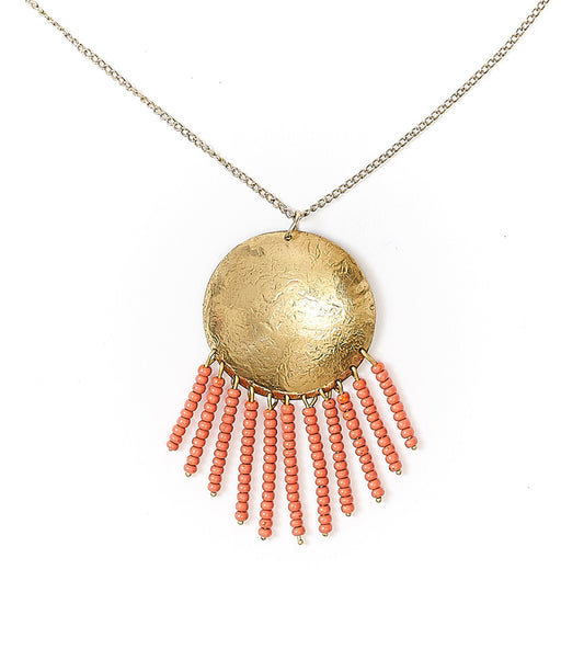 Chaya Hammered Coin Beaded Fringe Drop Necklace - Gold, Coral - Matr Boomie Wholesale