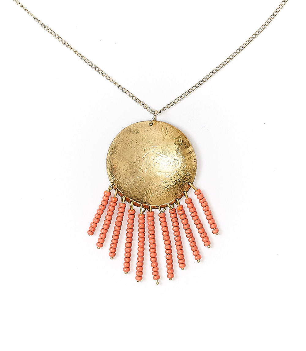 Chaya Hammered Coin Beaded Fringe Drop Necklace - Coral