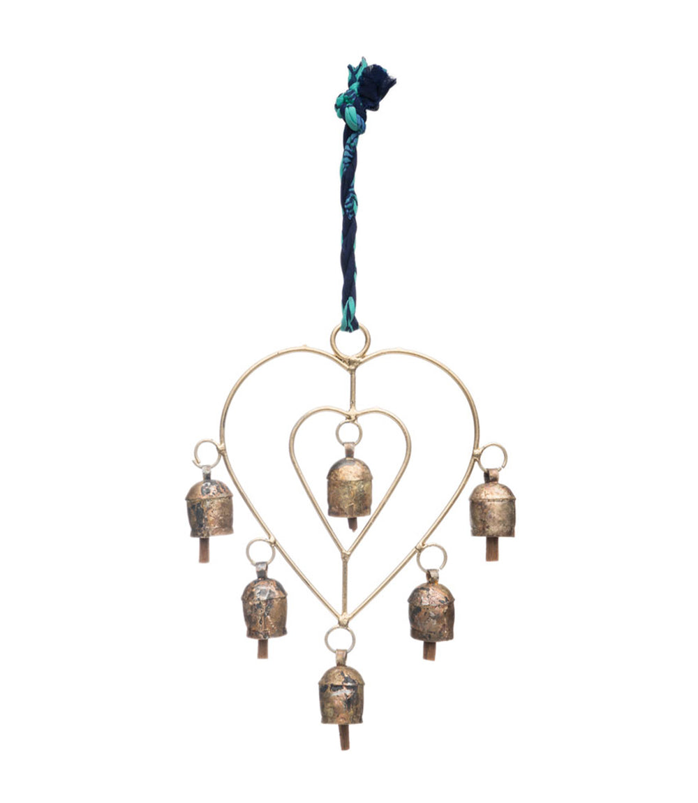 Heart Bells Wind Chime - Assorted Upcycled Sari Fabric
