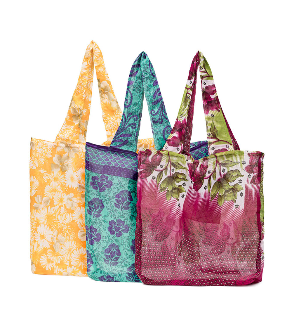 Reusable Shopping Bag - Folds Into Pocket - Assorted Upcycled Sari