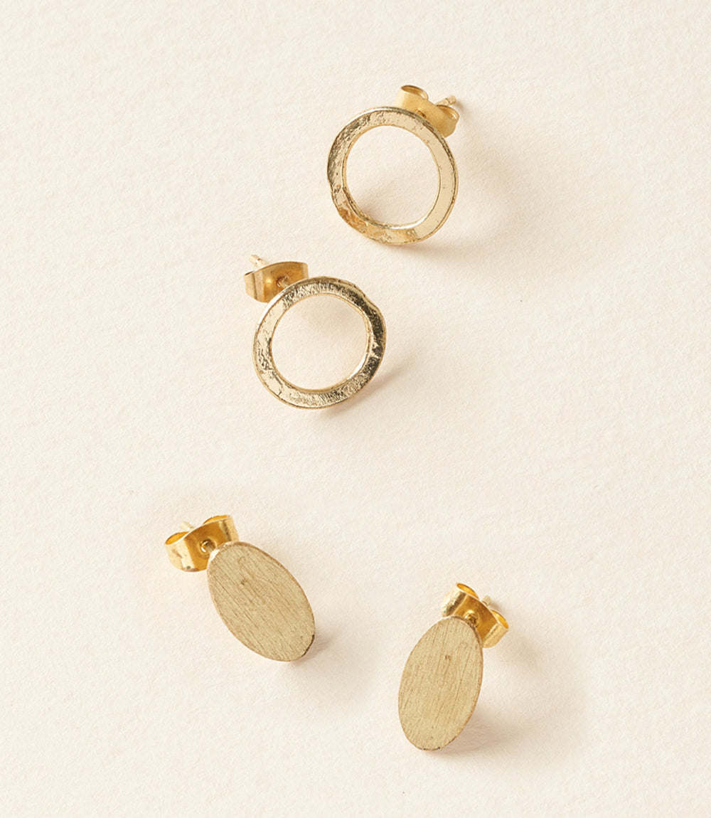 Diya Gold Stud Earrings Set of 2 - Circle, Oval - Matr Boomie Wholesale