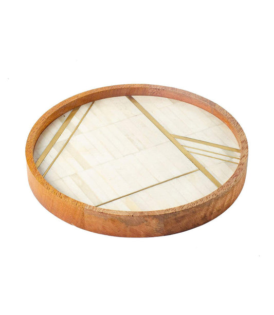 Mukhendu Circular Serving Tray - Handcrafted Wood, Bone - Matr Boomie Wholesale