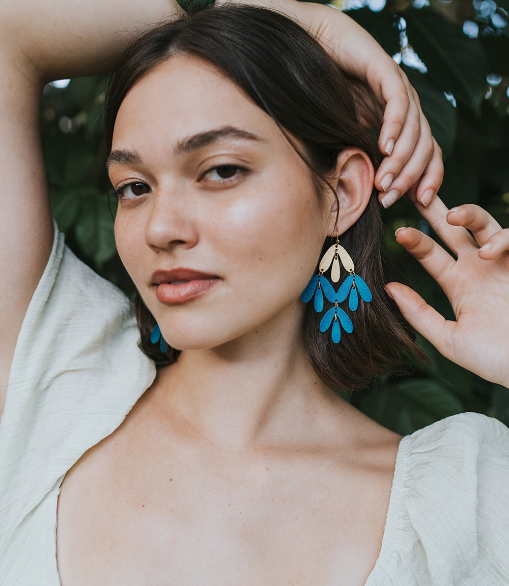 Chameli Chandelier Earrings - Teal Patina, Gold Petals