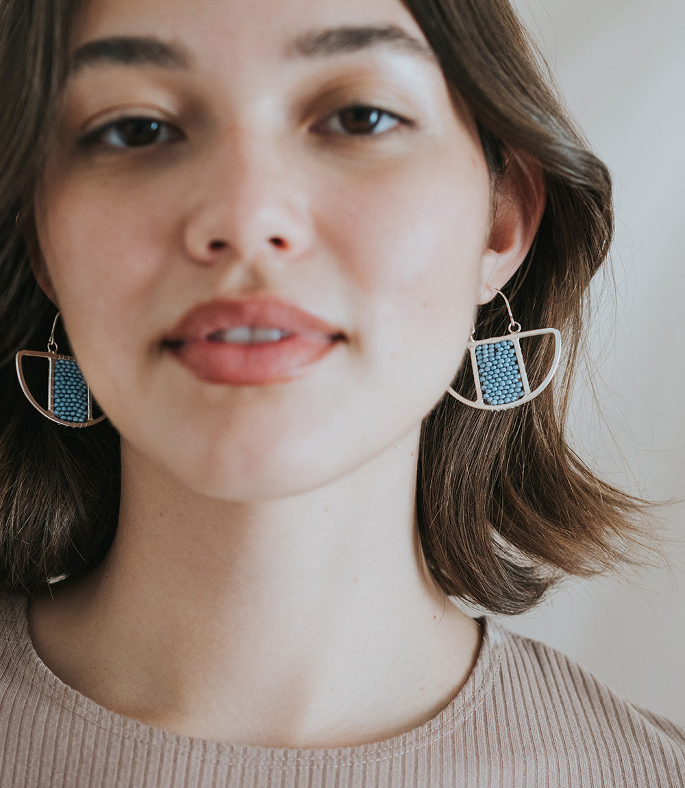 Rajiyah Beaded Fan Earrings - Silver, Turquoise