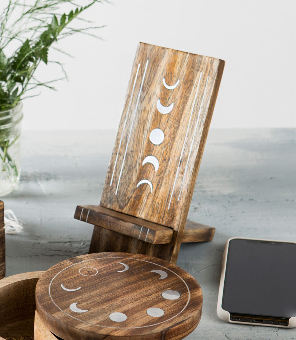 Indukala Moon Phase Phone Holder - Wood, Brass, Fair Trade - Matr Boomie Wholesale