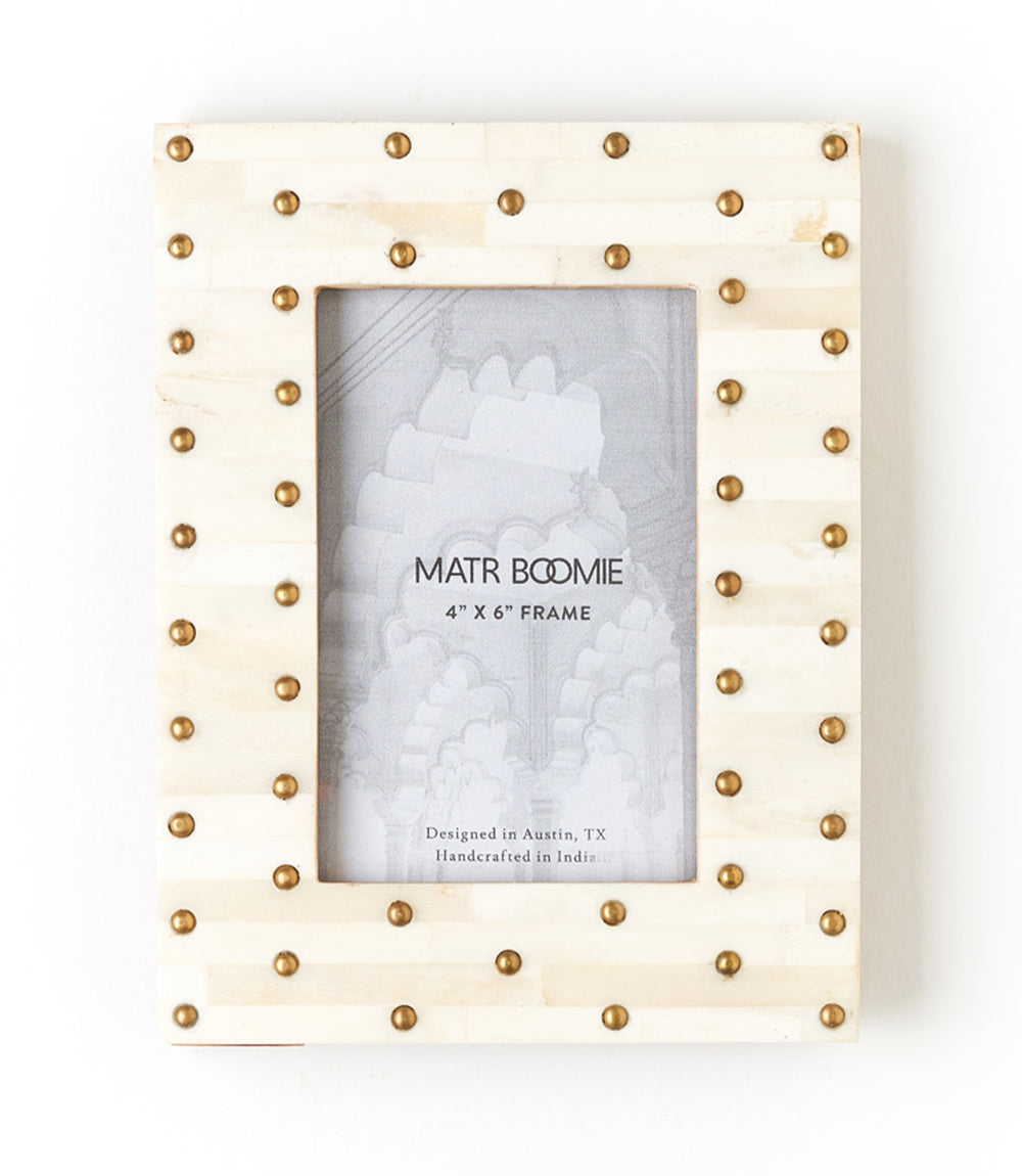 Mukhendu 4x6 Picture Frame - Carved Bone, Brass Studs