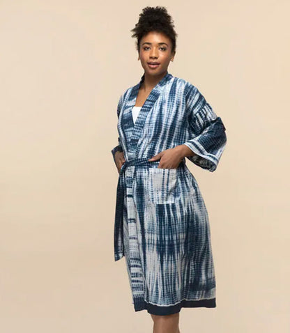 Shibori Tie Dye Kimono Robe - Indigo, White (One Size) - Matr Boomie Wholesale