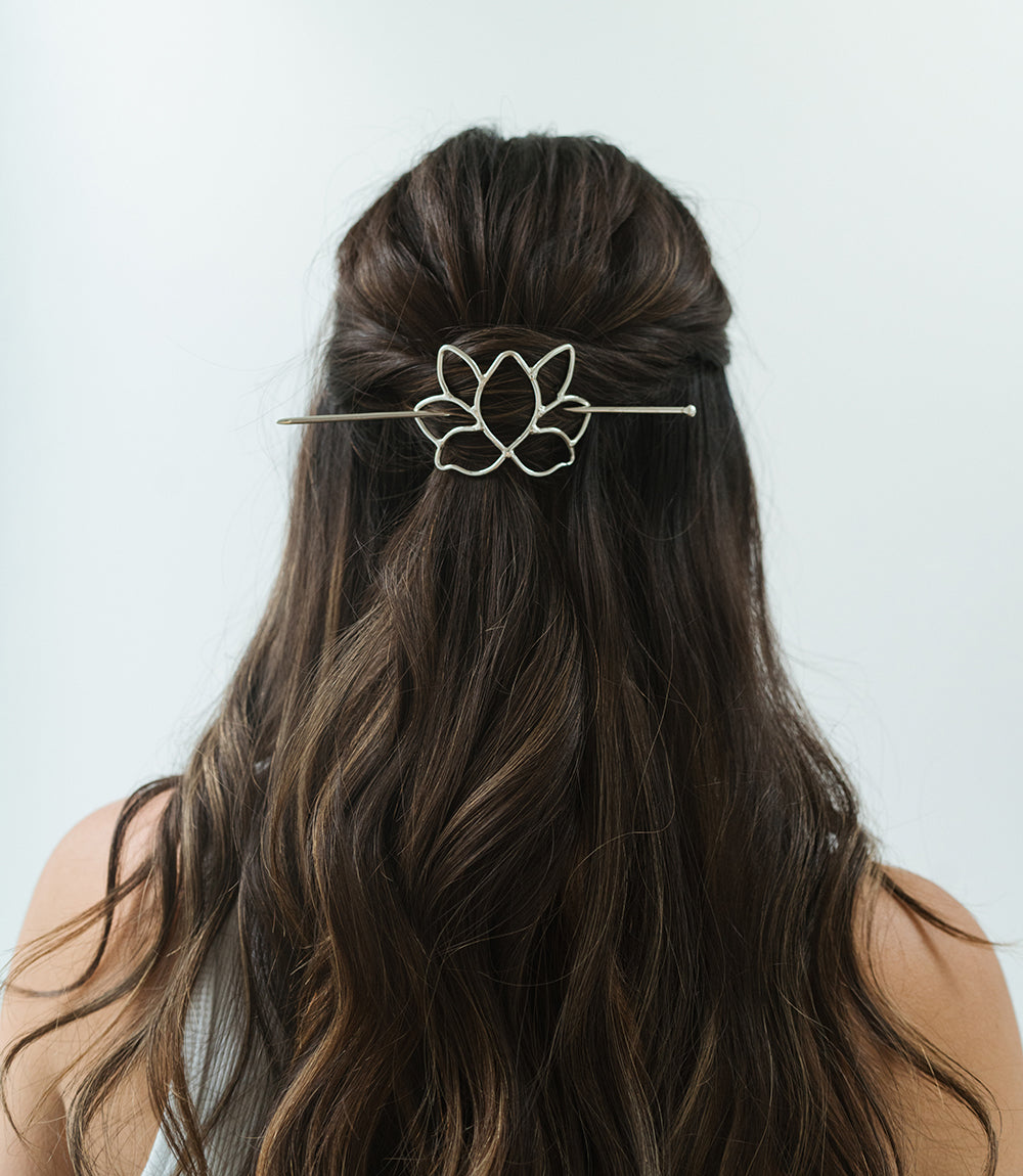 Kairavini Lotus Hair Slide with Stick - Silver