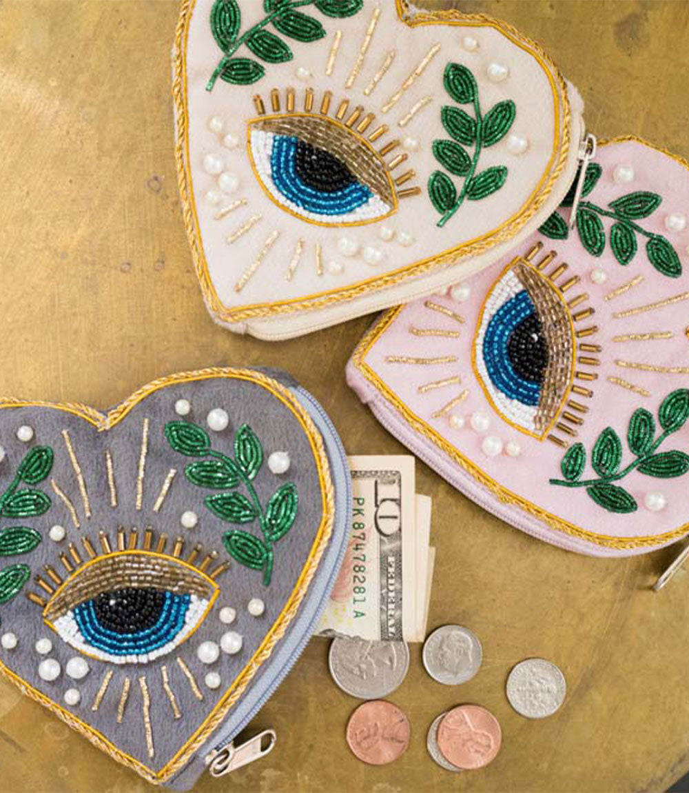 Manku Beaded Heart Zippered Coin Purse Pouch - Assorted Colors