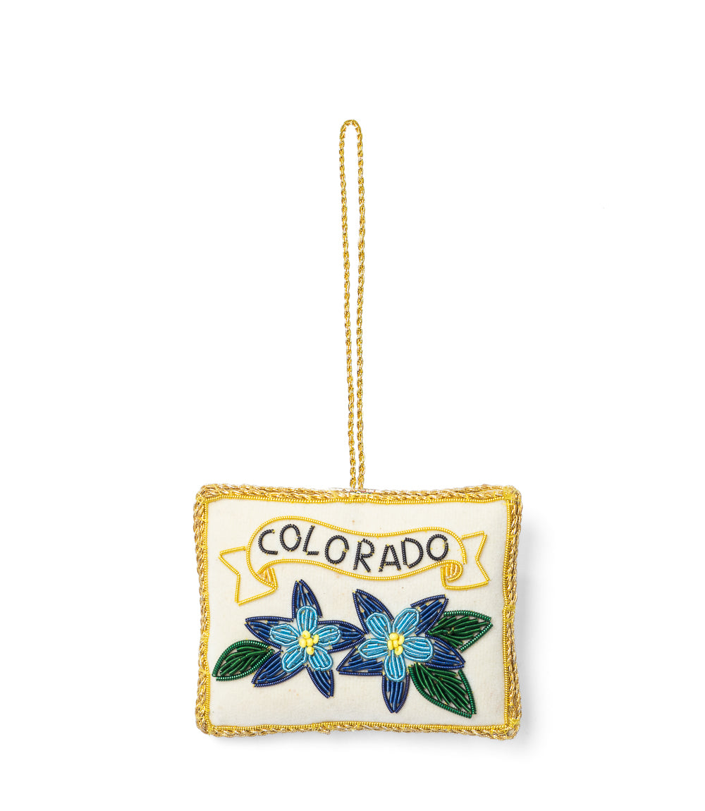 Colorado State Blue Columbine Beaded Fabric Ornament - Embroidered