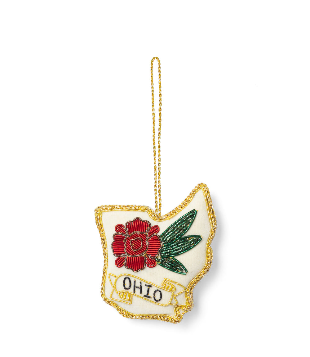 Ohio State Carnation Beaded Fabric Ornament - Embroidered