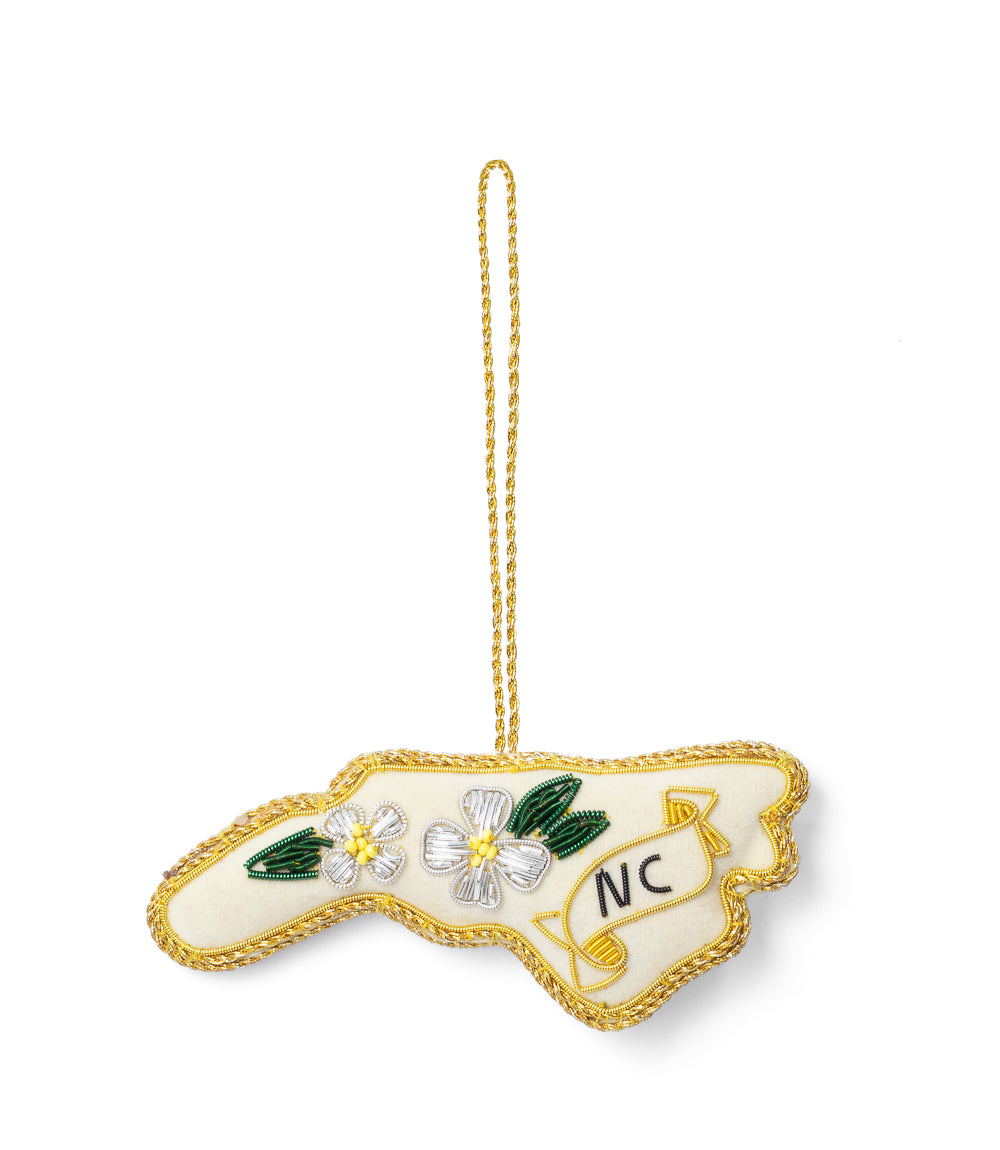 North Carolina State Dogwood Beaded Fabric Ornament - Embroidered