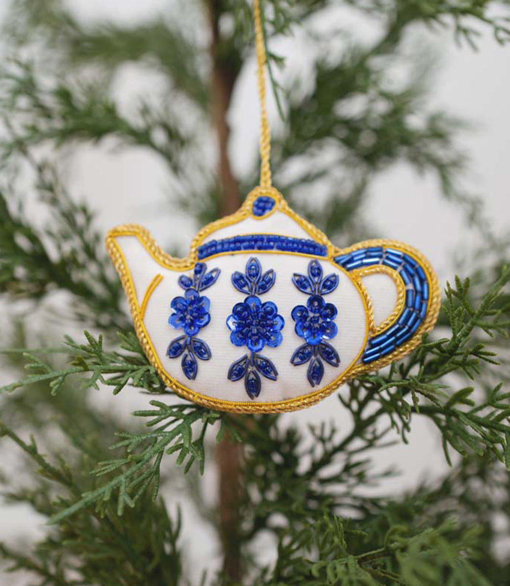 Larissa Plush Teapot Beaded Fabric Ornament - Embroidered