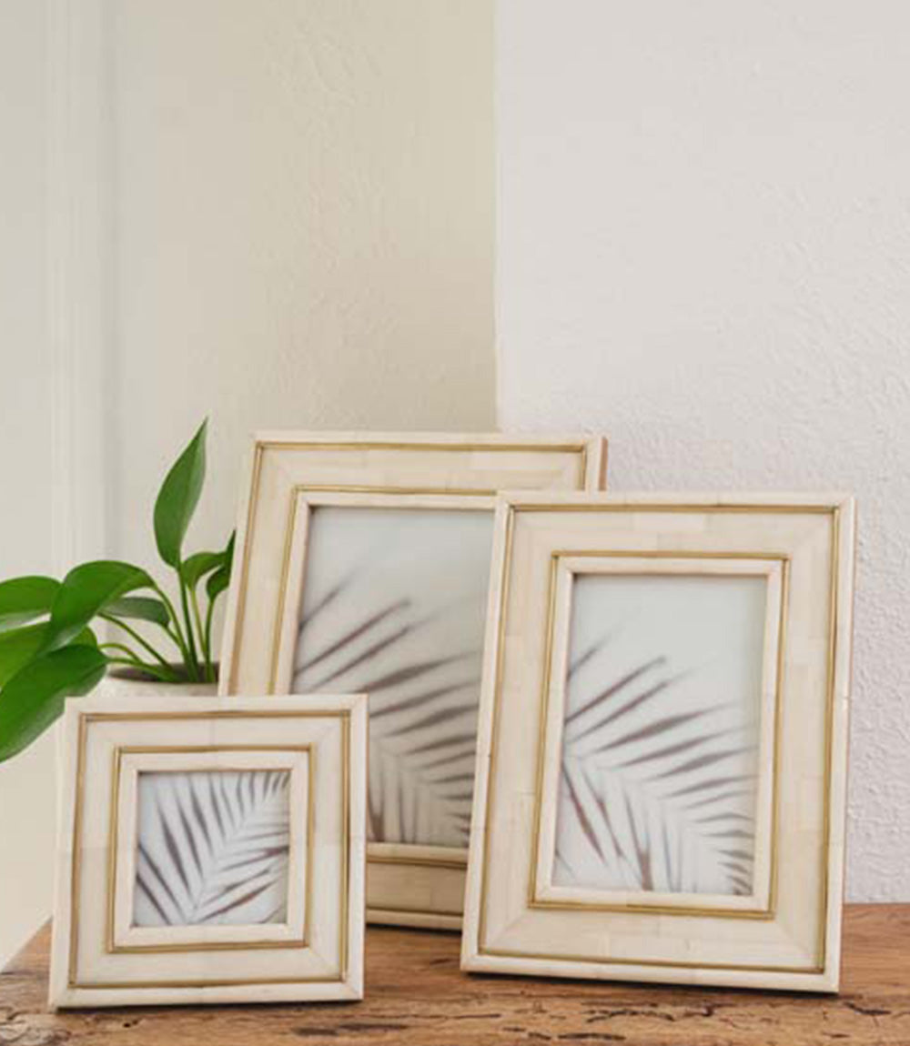 Pravina 3x3 Picture Frame - Carved Bone, Brass Inlay