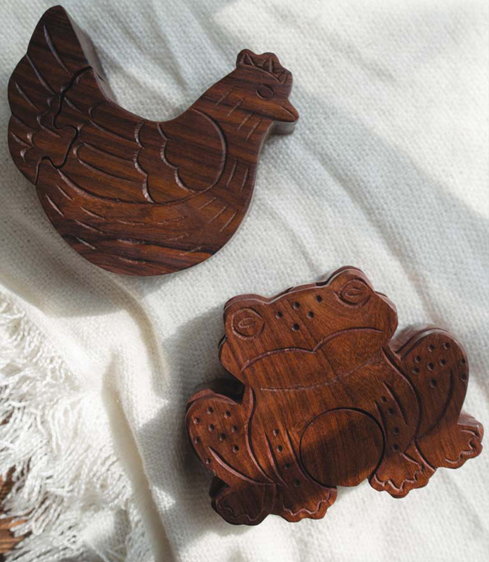 Frog Puzzle Box - Hand Carved Wood