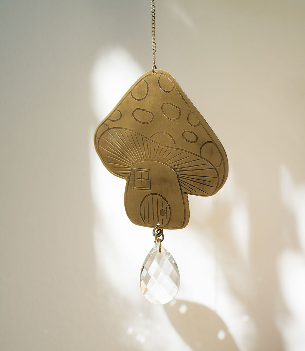 Surya Mushroom Engraved Brass Suncatcher