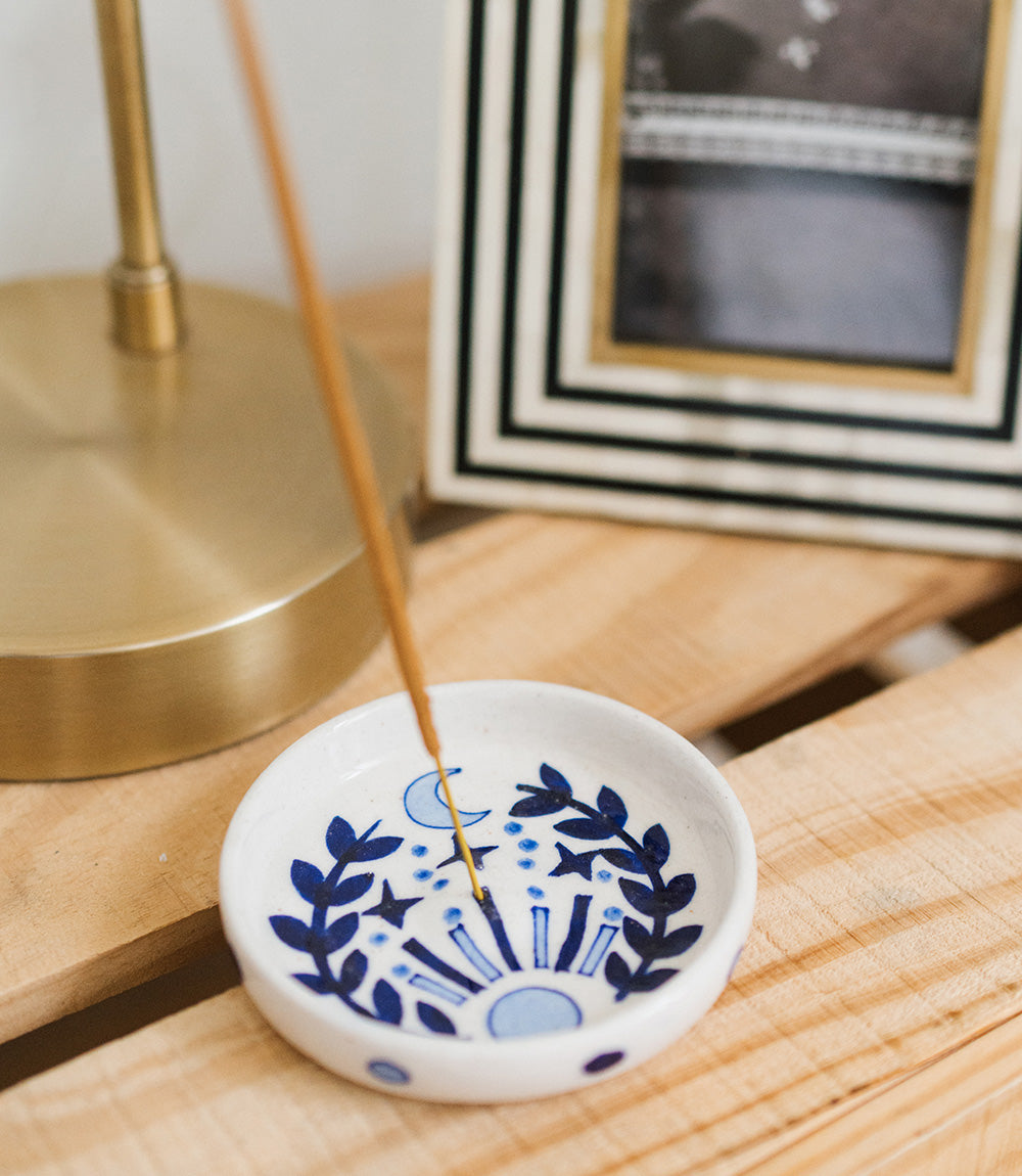 Lalita Round Trinket Dish Incense Holder - Hand Painted Ceramic