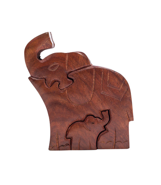 Mom and Baby Elephant Puzzle Box - Hand Carved Wood, Fair Trade