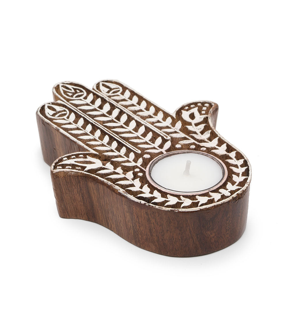 Aashiyana Hamsa Tea Light Candle Holder - Antiqued Hand Carved Wood