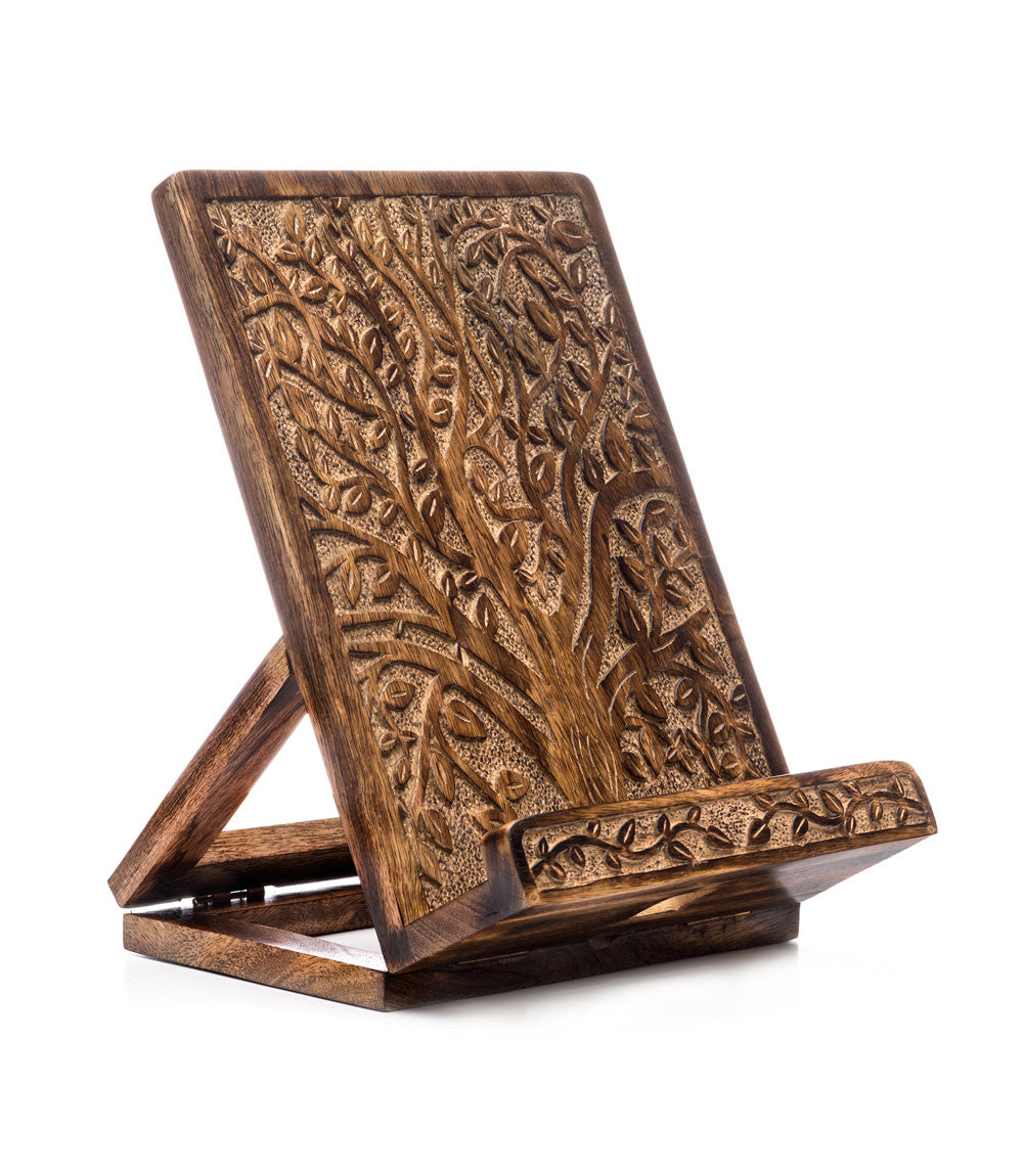 Aranyani Tree of Life Book Holder Tablet Stand - Hand Carved Wood - Matr Boomie Wholesale