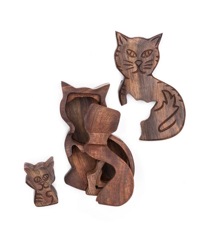 Cat and Kitten Puzzle Box - Hand Carved Indian Rosewood - Matr Boomie Wholesale