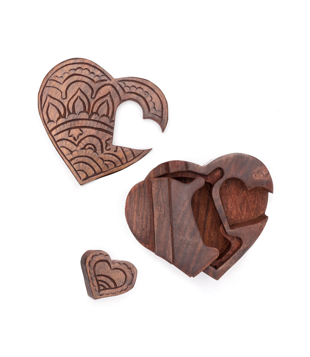 Heart Puzzle Box Jewelry Holder - Hand Carved Wood - Matr Boomie Wholesale